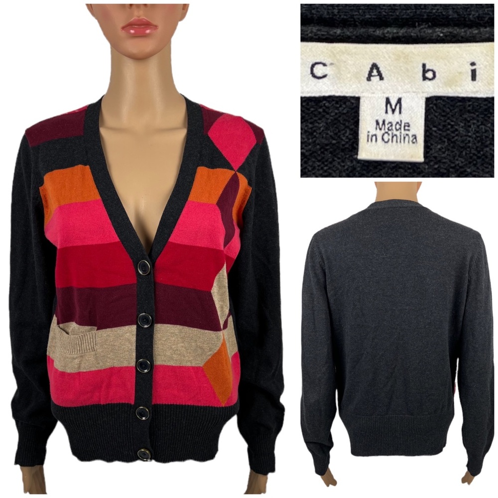 CABi Womens Cardigan Medium Color Block Argyle Button Front Sweater 171 EUC